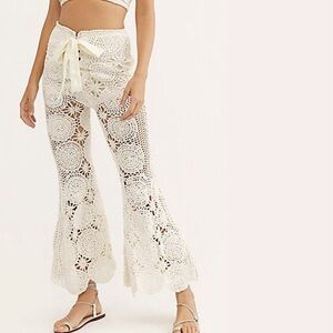 Free People Dragonfly Crochet Flare Pants Ivory Small | High Rise Boho Festival